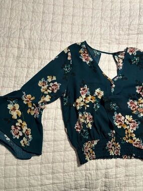 Floral V-Neck Peplum Blouse - Teal